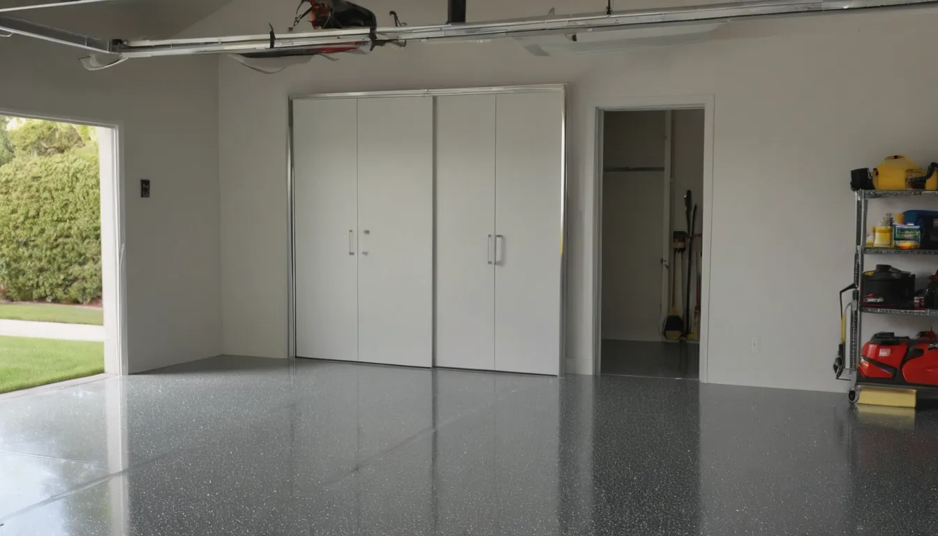 Finished epoxy garage floor with color flakes in a home near St. Paul